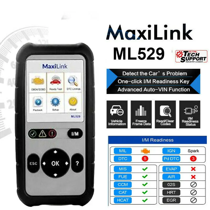Autel MaxiLink ML529 OBD2 сканер диагностический инструмент OBDII OBD OBD2 автоматическая проверка двигателя Реверсивный считыватель кода неисправности как AL529 PK AL519
Autel MaxiLink ML529 OBD2 сканер диагностический инструмент OBDII OBD OBD2 автоматическая проверка двигателя Реверсивный считыватель кода неисправности как AL529 PK AL519