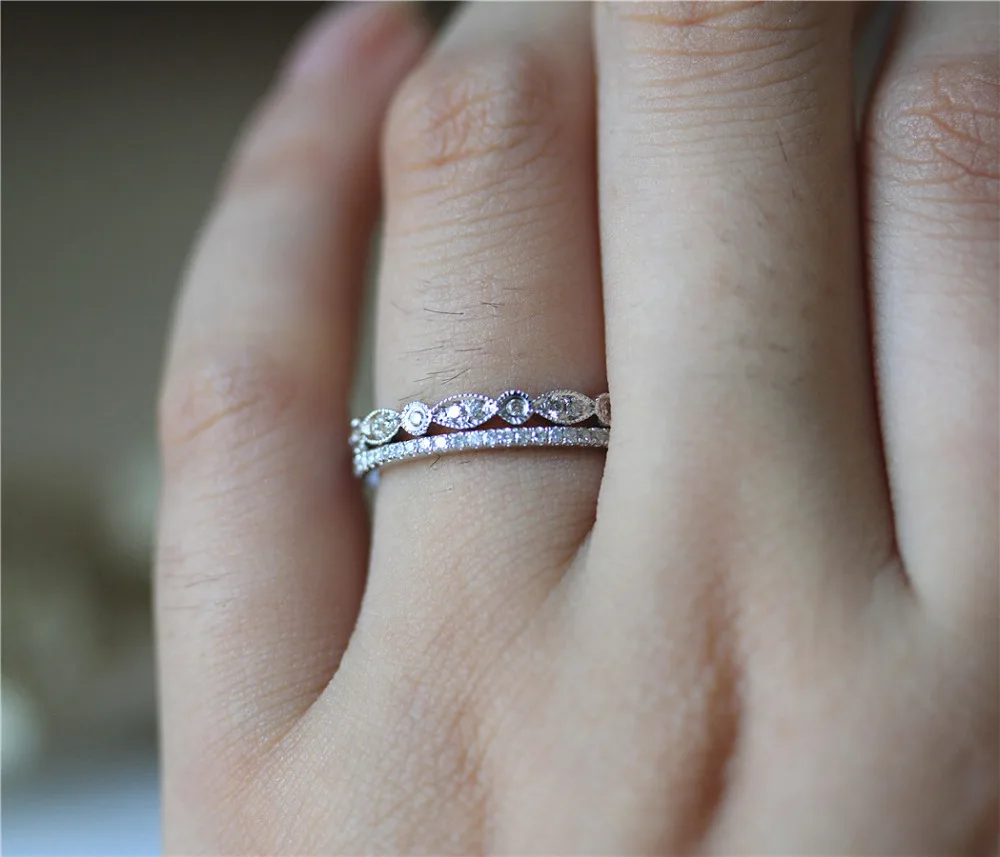DUPUY 14K White Gold Wedding Ring Set Art Deco Half Eternity Diamonds Wedding Band Elegant Dianty Match Ring 2PCS Bridal Sets
