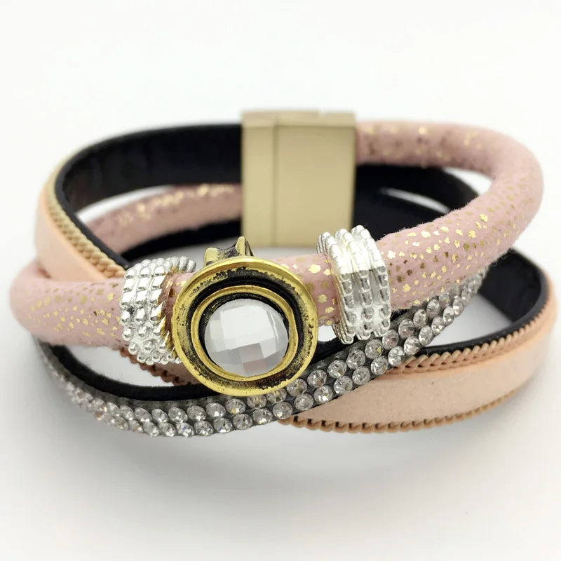 LEMOER Brand 3 Layer Slake Leather Bracelet with Gem Crystal Magnetic Wristband Jewelry for women men Party Pulseras Mujer | Украшения и
