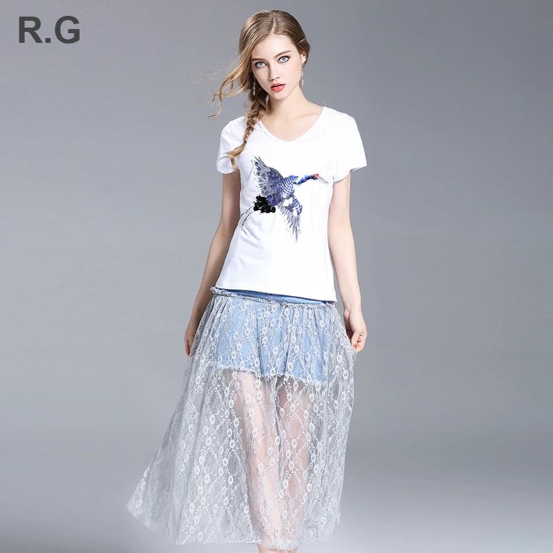 RG Flying Crane Animal Pattern Beading White T Shirt Crop Top and Lace Patchwork Denim Skirt 2 Piece Set Suit Women Summer 2018
RG Flying Crane Animal Pattern Beading White T Shirt Crop Top and Lace Patchwork Denim Skirt 2 Piece Set Suit Women Summer 2018
