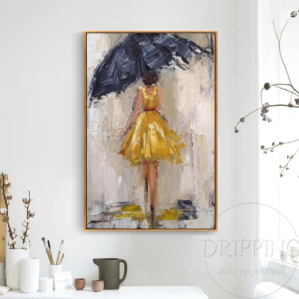 Handmade High Quality Abstract Portrait Lady with Yellow Dress Oil Painting on Canvas Lady Holding Black Umbrella Oil Painting
Handmade High Quality Abstract Portrait Lady with Yellow Dress Oil Painting on Canvas Lady Holding Black Umbrella Oil Painting
