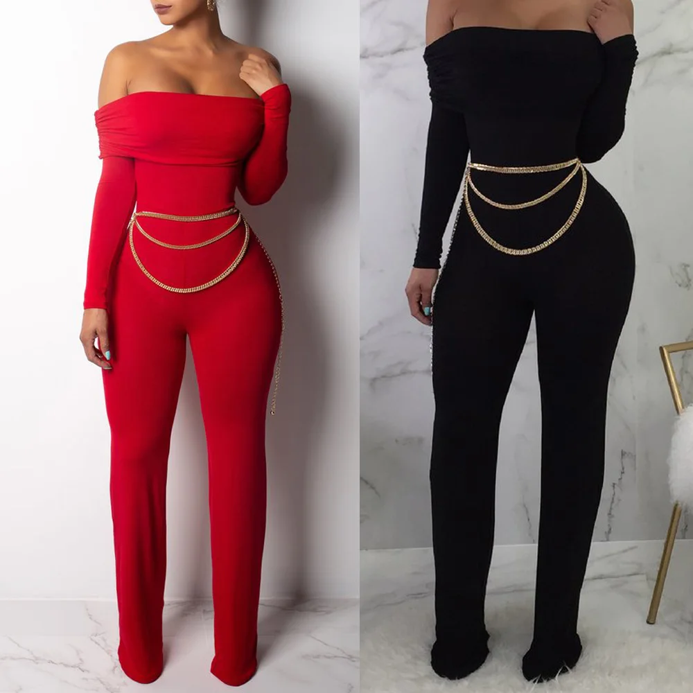 

Sexy backless off shoulder black jumpsuit women Tiered ruffle high waist Red jumpsuit romper Female casual overall femme
