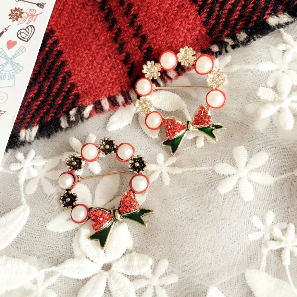 Lvytide Brooches and pins Red green imitation pearl rhinestone christmas tree flower hoop bells brooches Holiday gifts | Украшения и