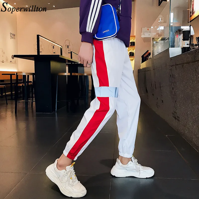 2021 штаны шаровары с разрезом сбоку женские Лоскутные Спортивные отражателем