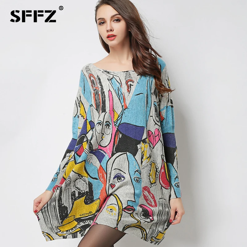 SFFZ Autumn Winter Fashion Cashmere Dress Oversized Size Long Sleeve Drawing Print Women Sweater Knitting Dresses Loose Top 6017
SFFZ Autumn Winter Fashion Cashmere Dress Oversized Size Long Sleeve Drawing Print Women Sweater Knitting Dresses Loose Top 6017