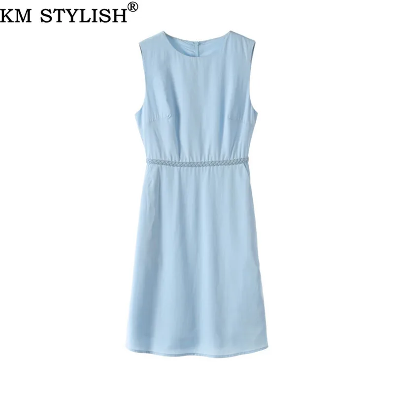 Женское цельное платье без рукавов, однотонное платье небесно-голубого цвета с круглым вырезом, лето 2019 
Женское цельное платье без рукавов, однотонное платье небесно-голубого цвета с круглым вырезом, лето 2019