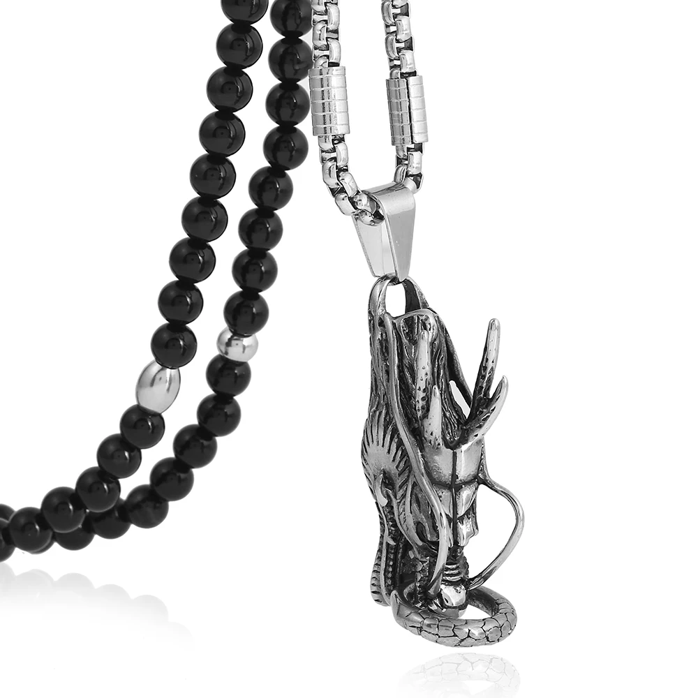 Stainless Steel Dragon Pattern Lucky Pendant Necklace with Black Natural Stone Chain 26"
Stainless Steel Dragon Pattern Lucky Pendant Necklace with Black Natural Stone Chain 26"