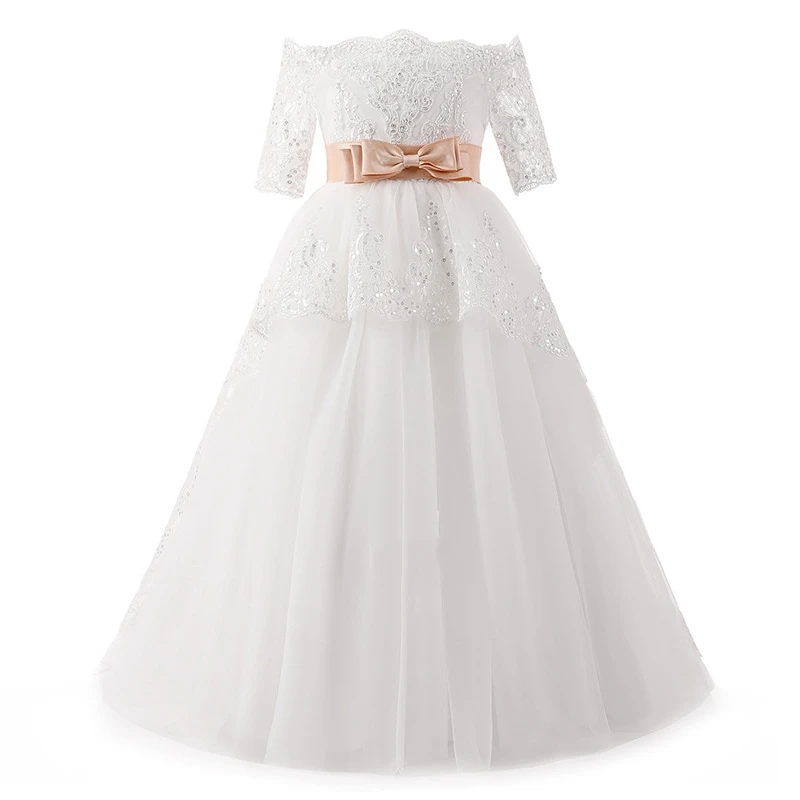 Lovely Off Shoulder Half sleeves flower girl dresses Lace Appliques first communion dresses for girls with Bow girls dresses
Lovely Off Shoulder Half sleeves flower girl dresses Lace Appliques first communion dresses for girls with Bow girls dresses