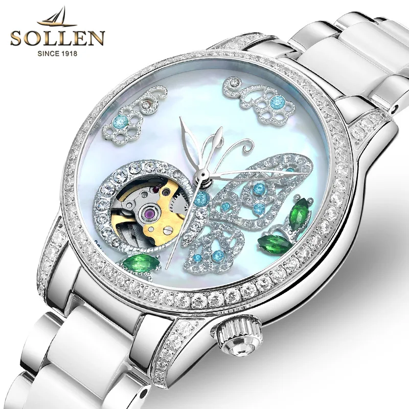 Relogios Feminino SOLLEN Топ Элитный бренд женские механические часы изумруды бабочки