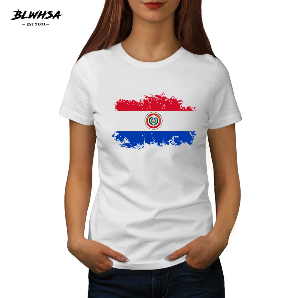 

BLWHSA Paraguay Flag Women T shirt Casual Short Sleeve 100% Cotton Printed T-shirts Funny Paraguay National Flag Women Tops