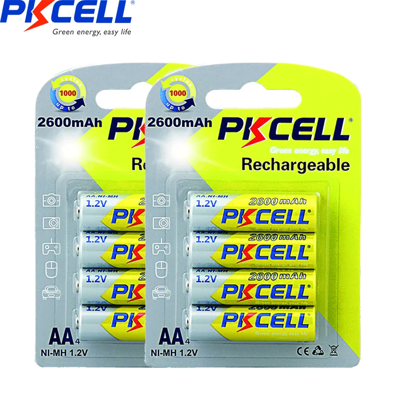

8Pcs/2Pack PKCELL 1.2v AA 2300mAh-2600mAh Ni-MH aa 2A Rechargeable Battery Batteries For Flashlight toys remote control