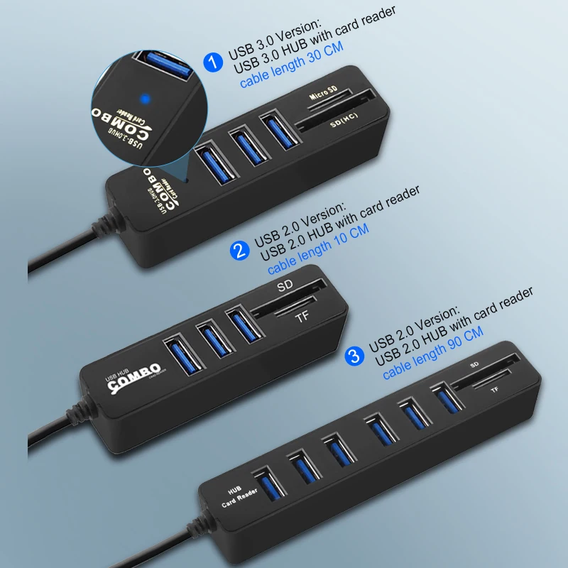 Разветвитель USB 3 0 для компьютера и ноутбука с кардридером SD карт|USB-хабы| |