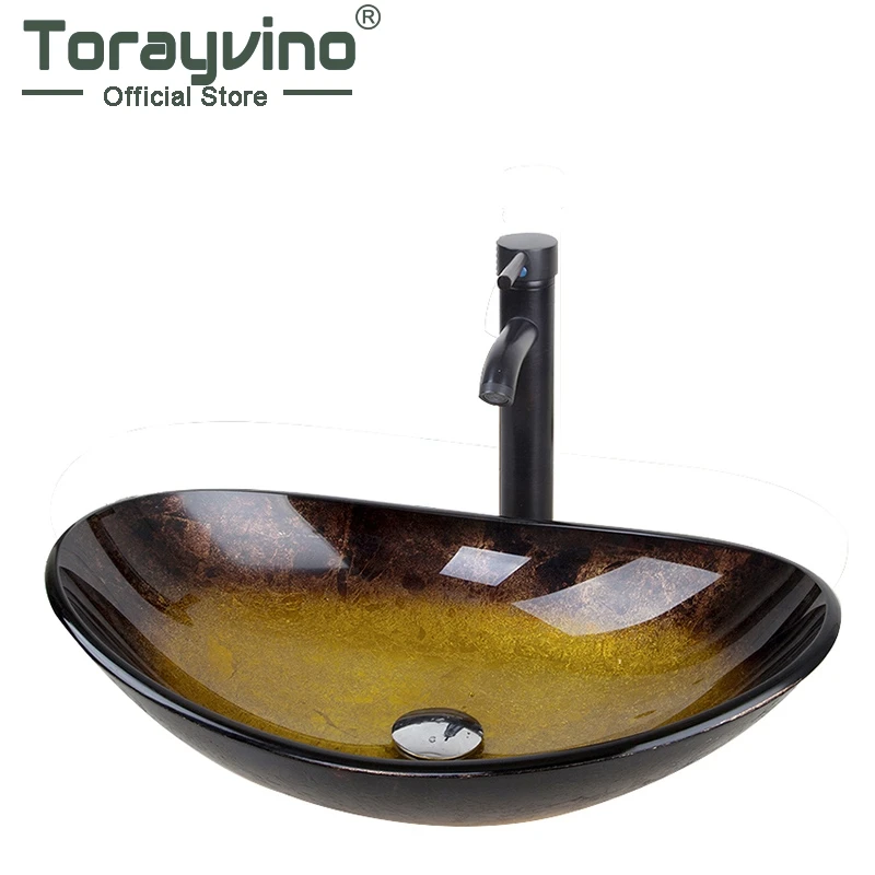 

Torayvino Bathroom Countertop Tempered Glass Basin Sink Faucet Set Brass Waterfall Faucet Washroom Vessel Vanity Bar Ship