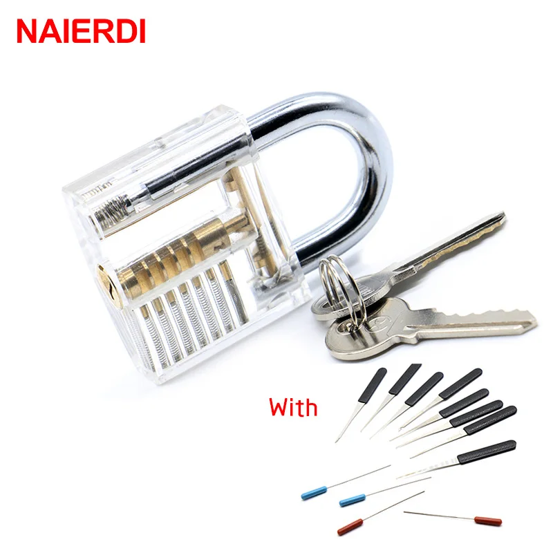 

NAIERDI Locksmith Tool Transparent Visible Cutaway Practice Padlock Lock Pick 2 In 1 Set With 12PCS Broken Key Removing Hooks