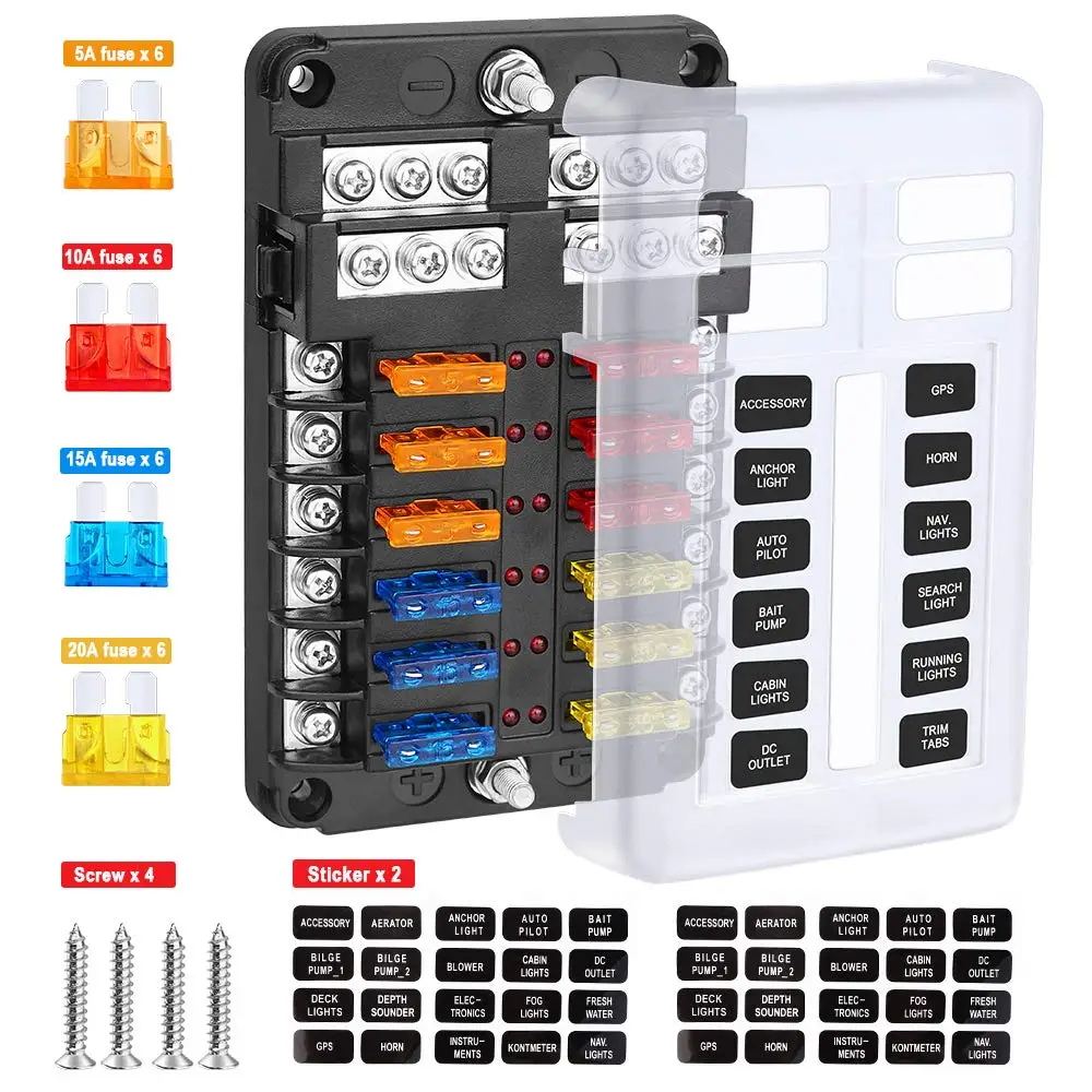 6Way/12way Blade Fuse Block Fuse Box Holder Circuit Car Ato/Atc Fuse Block with LED Indicator Damp-Proof Protection Cover Sticke
6Way/12way Blade Fuse Block Fuse Box Holder Circuit Car Ato/Atc Fuse Block with LED Indicator Damp-Proof Protection Cover Sticke