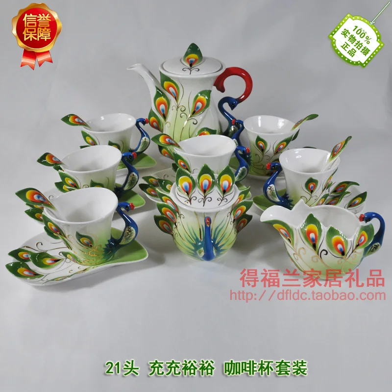 Фото Эмалированный фарфоровый кофейный набор в виде павлина 9 предметов чайный