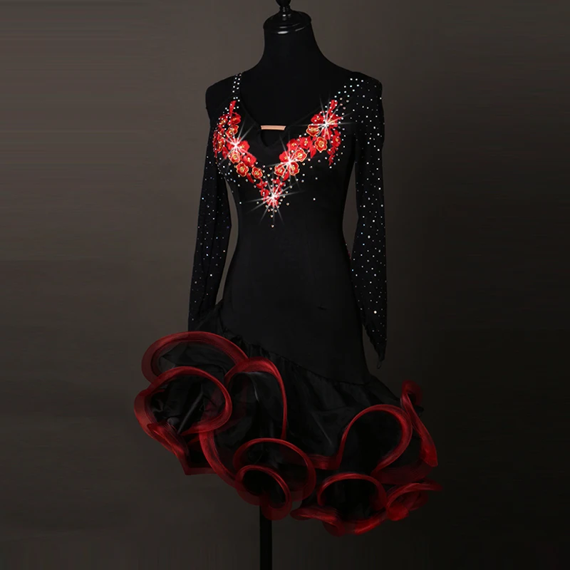 2017 New Ladies Women Latin Dance Dress Black Red embroidery diamond Accesories Chacha Rumba Samba tango Flamenco | Тематическая