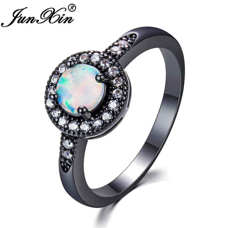 JUNXIN New Retro Classic Black Gold Filled Ring Finger Accessories Round White Fire Opal AAA Zircon Female Wedding Party Gifts |