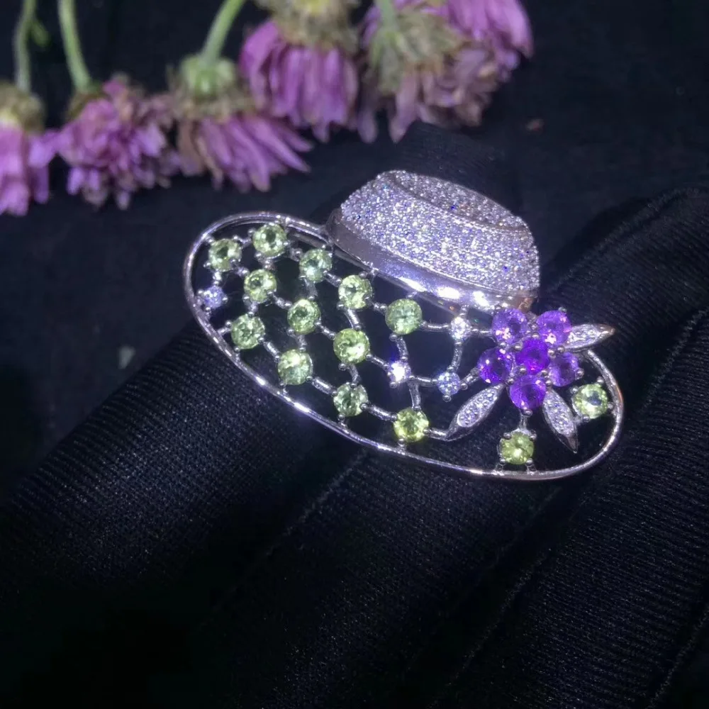 Natural green peridot Lovely hat brooch S925 silver Natural amethyst brooch Pendant trendy women two wears party gift jewelry
Natural green peridot Lovely hat brooch S925 silver Natural amethyst brooch Pendant trendy women two wears party gift jewelry