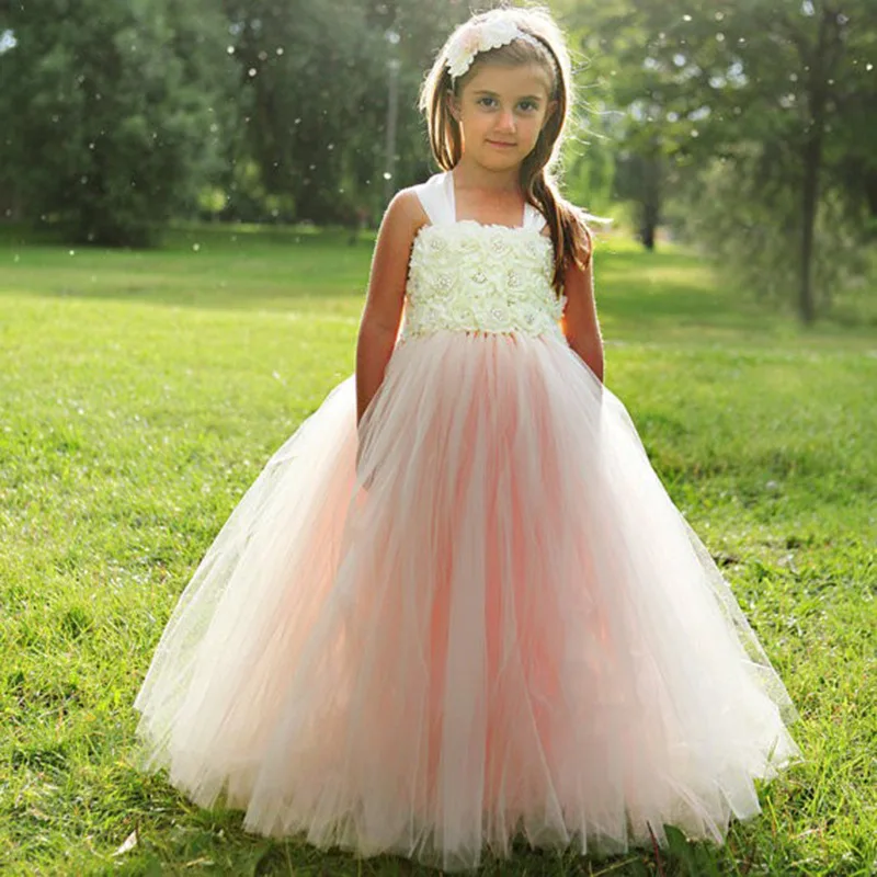 

Beautiful Girls Long Tutu Dress Kids Tulle Dress Ball Gown with Shabby Flowers and Headband Children Wedding Party Costume Dress