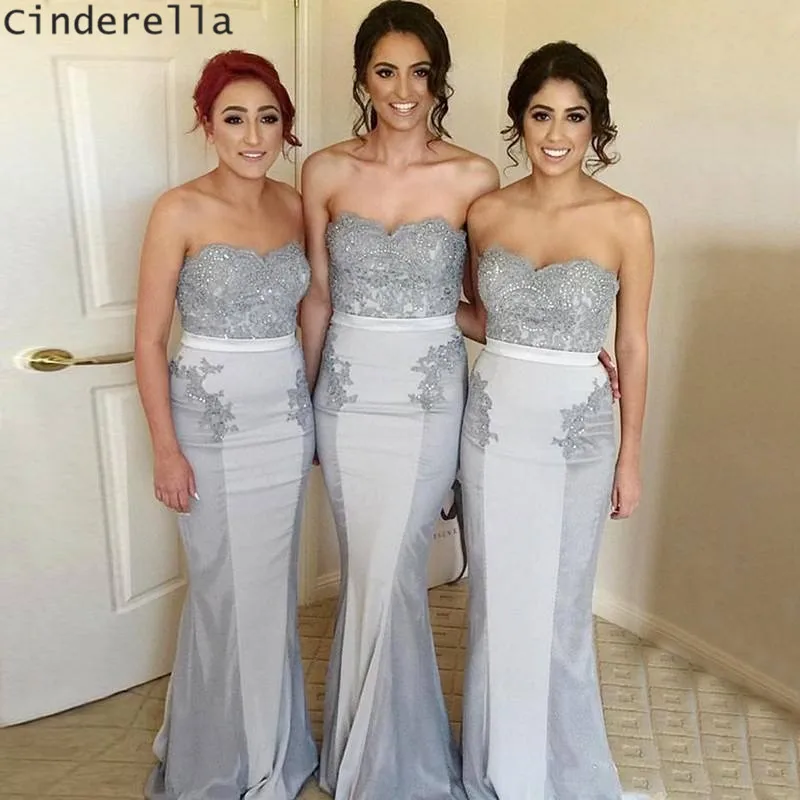 Cinderella Silver Sweetheart Lace Applique Crystal Beaded Satin Mermaid Bridesmaid Dresses Zipper Back Lace Bridesmaid Gown
Cinderella Silver Sweetheart Lace Applique Crystal Beaded Satin Mermaid Bridesmaid Dresses Zipper Back Lace Bridesmaid Gown