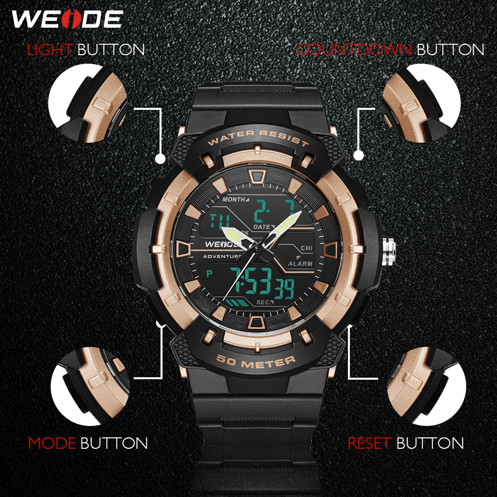 WEIDE Military Men Sports clock Quartz Clock Man Sports Digital Wristwatch Army Hour 50 meters Waterproof Resistant Reloj Hombre
WEIDE Military Men Sports clock Quartz Clock Man Sports Digital Wristwatch Army Hour 50 meters Waterproof Resistant Reloj Hombre