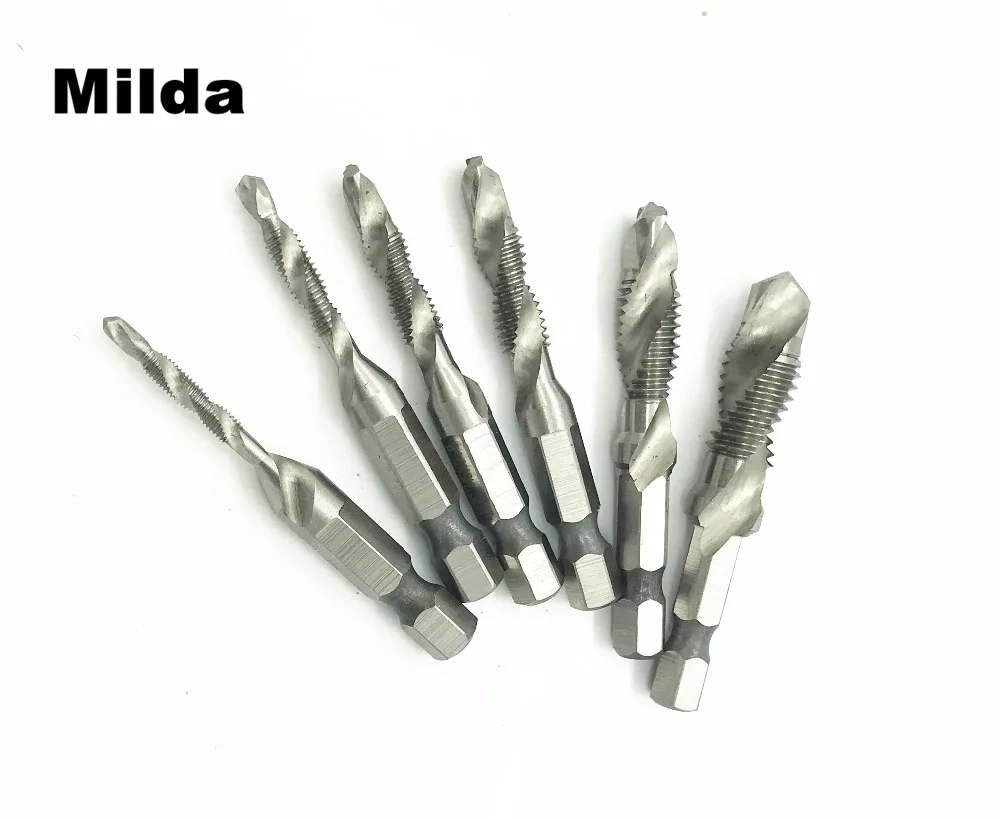 Milda 6pcs 1/4'' Hex HSS High Speed Steel Thread Spiral Screw M3 M4 M5 M6 M8 M10 Metric Composite Tap Drill Bit Tap
Milda 6pcs 1/4'' Hex HSS High Speed Steel Thread Spiral Screw M3 M4 M5 M6 M8 M10 Metric Composite Tap Drill Bit Tap