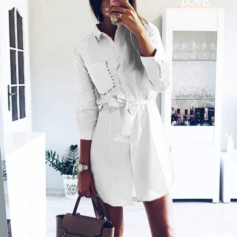 Autumn Pearl Beading Shirt Dress Women Long Sleeve Turn Down Collar Buttons Dresses Girl Slim Bandage Waist Office Dress
Autumn Pearl Beading Shirt Dress Women Long Sleeve Turn Down Collar Buttons Dresses Girl Slim Bandage Waist Office Dress