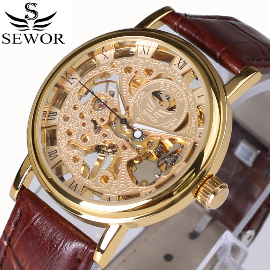 

Heren Horloge Watches Men Leather Strap Gold Mechanical Hand Wind Skeleton Watch Luxury Vintage Steampunk Clock Top Brand 2017
