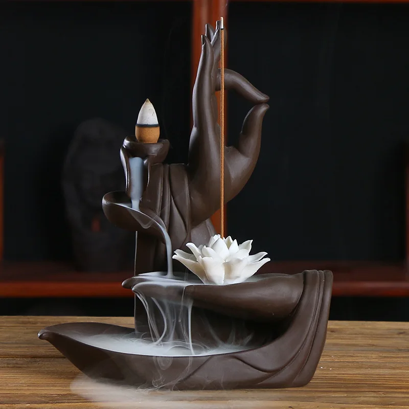 Ceramic Elegant Buddha Hand Lotus Incense Burner Zen Home Decor Backflow Incense Burner with 20 Pcs Incense Cone
Ceramic Elegant Buddha Hand Lotus Incense Burner Zen Home Decor Backflow Incense Burner with 20 Pcs Incense Cone