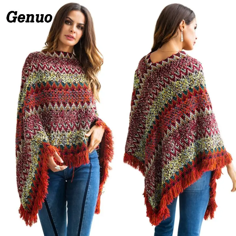 

Genuo Poncho O-Neck Color Block Jacquard Tassel Cloak Sweater Women Patchwork Pullovers Vintage Jacquard Fringed Knitwear Tops