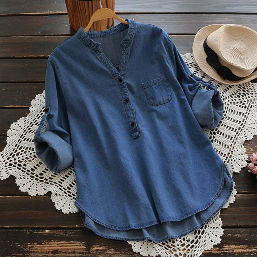 Plus Size Women's Blouse Casual Elegant Denim Shirts Long Sleeve Buttons Pocket Asymmetrical Hem Women Tops Blusas
Plus Size Women's Blouse Casual Elegant Denim Shirts Long Sleeve Buttons Pocket Asymmetrical Hem Women Tops Blusas