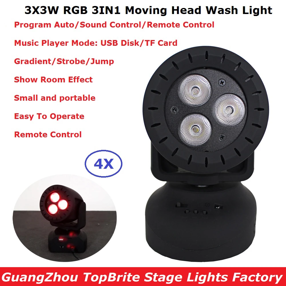 4Pack New Design LED Moving Head Strobe Lights 3X3W RGB 3IN1 LED Moving Head Wash Lights 110-240V With Show Room Effects
4Pack New Design LED Moving Head Strobe Lights 3X3W RGB 3IN1 LED Moving Head Wash Lights 110-240V With Show Room Effects