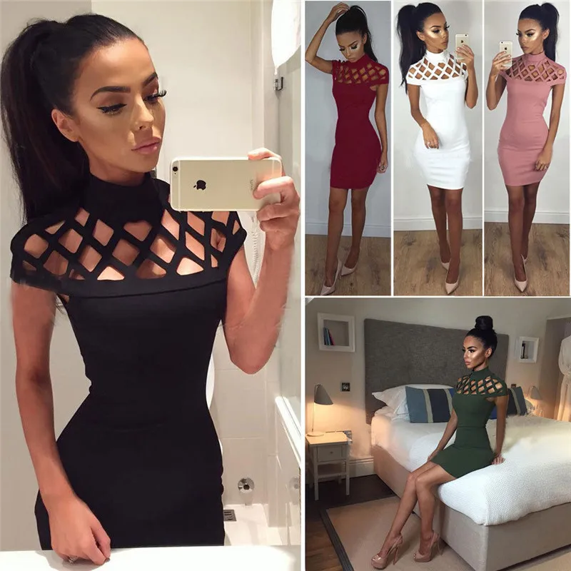 New Fashion Womens Sexy Hollow Out High Neck Dress Ladies Bodycon Slim Short Sleeve Evening Party Pencil Mini | Женская одежда