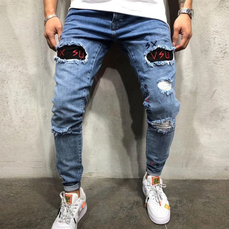 Фото S 3XL стильный modis джинсы homme Рваные байкерские штаны прямого покроя с бахромой