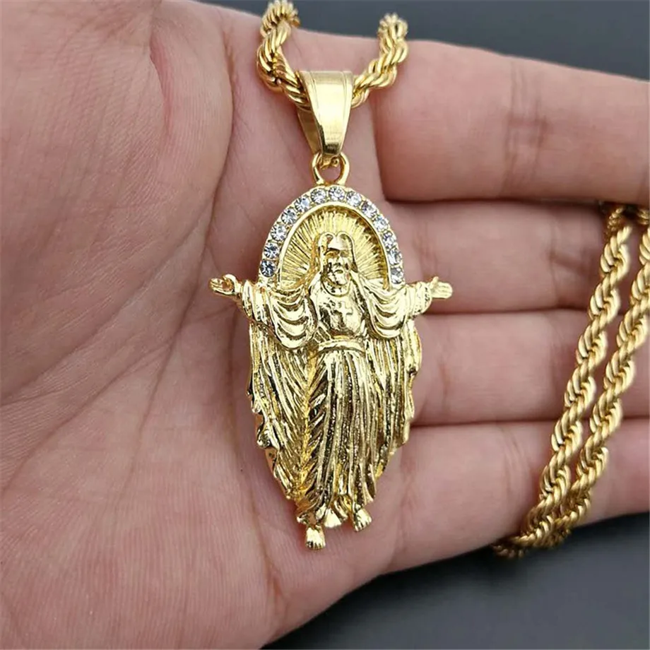 Hip Hop Iced Out Jesus Cross Pendant With Rope Chain Gold Color Stainless Steel Rhinestone Necklaces Christian Jewelry
Hip Hop Iced Out Jesus Cross Pendant With Rope Chain Gold Color Stainless Steel Rhinestone Necklaces Christian Jewelry