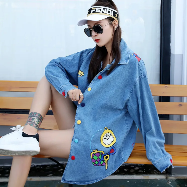 Thailand Tide brand 2019 spring long section personalized print long-sleeved lapel loose casual denim jacket denim jacket
Thailand Tide brand 2019 spring long section personalized print long-sleeved lapel loose casual denim jacket denim jacket