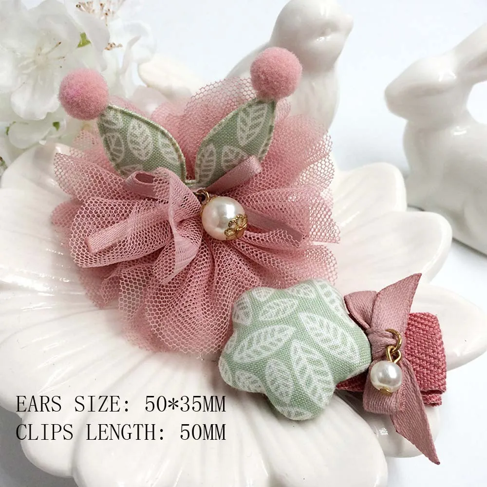 2 pc/set Mix Style Girls' Hairclips Rabbit Bunny Ear Voile Bow with Crystal Handmade Children's Fashionable Hair Accessories |