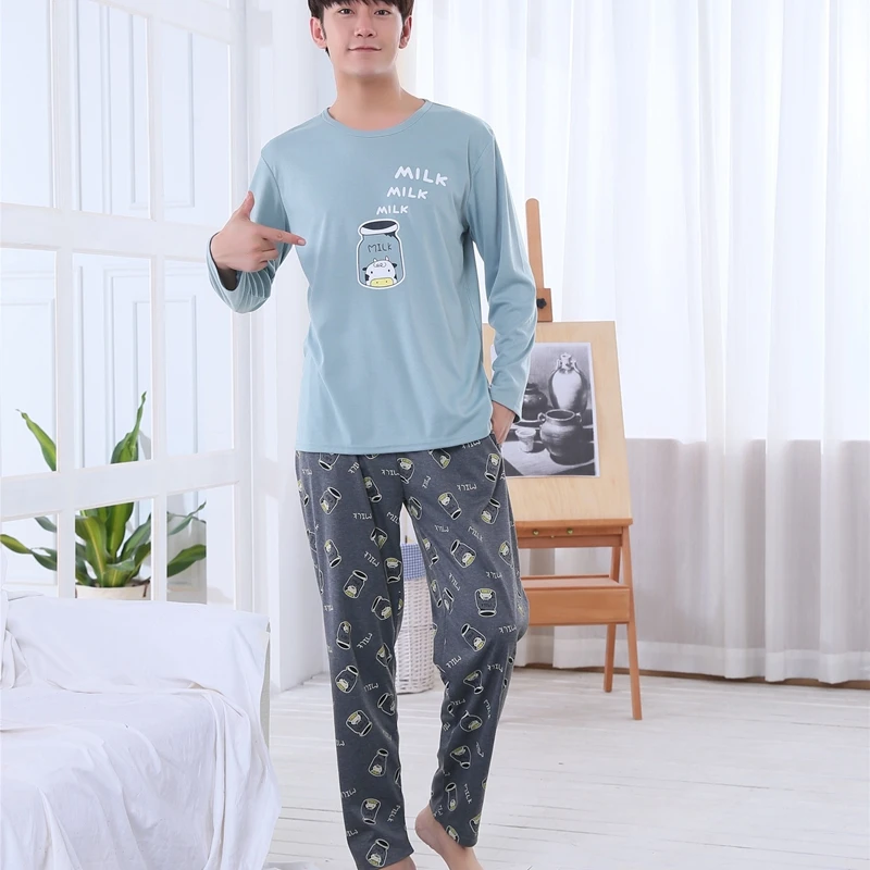 2018 Autumn Winter Cotton Pajamas Sets for Men Long Sleeve Cartoon Pyjama Casual Sleepwear Male Homewear Loungewear Home Clothes | Мужская