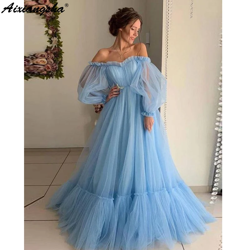 Blue Prom Dresses A-Line Off the Shoulder Sweetheart Tulle Long Sleeves Prom Gown Evening Party Gown Robe De Soiree
Blue Prom Dresses A-Line Off the Shoulder Sweetheart Tulle Long Sleeves Prom Gown Evening Party Gown Robe De Soiree