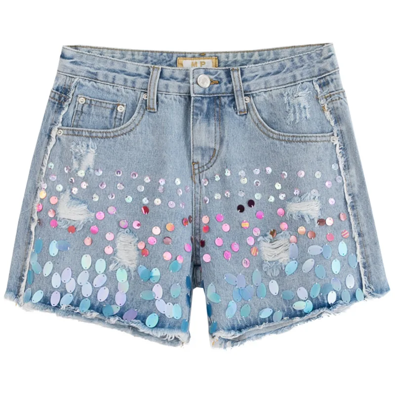2019 Summer Women Sequined Tassel Ripped High Waisted Blue Denim Shorts , Female Woman Glitter Hole Jean Shorts
2019 Summer Women Sequined Tassel Ripped High Waisted Blue Denim Shorts , Female Woman Glitter Hole Jean Shorts