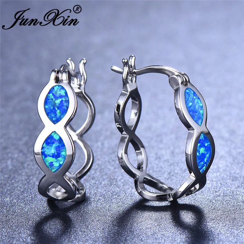 Фото Женские серьги кольца JUNXIN с голубым и белым огненным опалом - купить