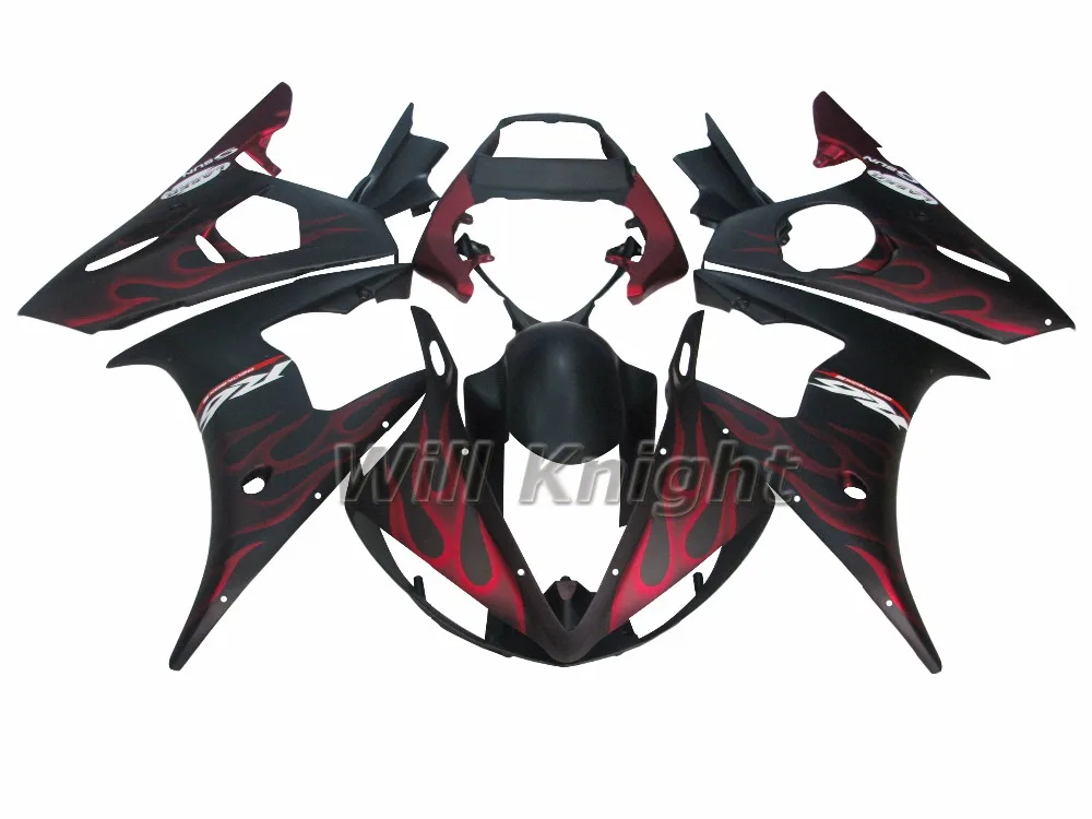 Обтекатель Комплект для Yahama YZF R6 YZF600 2003 2004 Матовый Черный с Красным Пламенем ABS