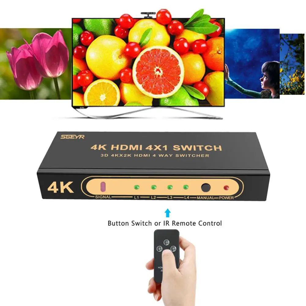 SGEYR 4x1 HDMI Switch 4Kx2K Powered 4 Port Switcher with IR Remote Control Support 1.4 3D&1080P Input 1 Output | Электроника