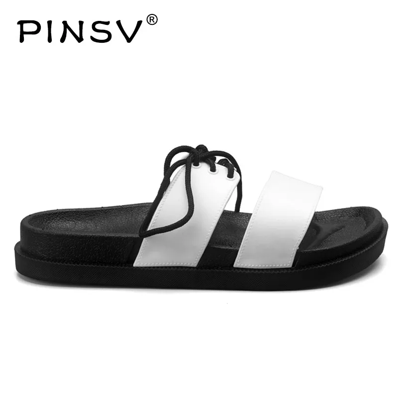 PINSV тапочки Унисекс Мужская обувь домашние кожаные сандалии мужские черные