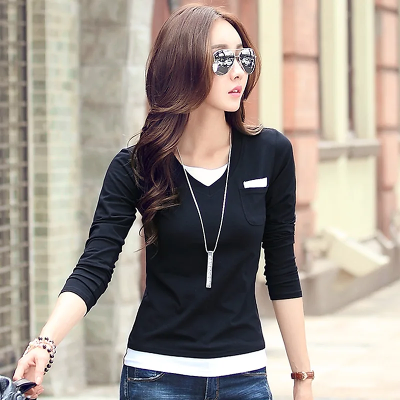 Women Black Navy Faux Twinset Tops Spring Autumn Women Tees Fashion Long Sleeve Tshirt Women V Neck T Shirt Pocket Tops 2017 A30
Women Black Navy Faux Twinset Tops Spring Autumn Women Tees Fashion Long Sleeve Tshirt Women V Neck T Shirt Pocket Tops 2017 A30