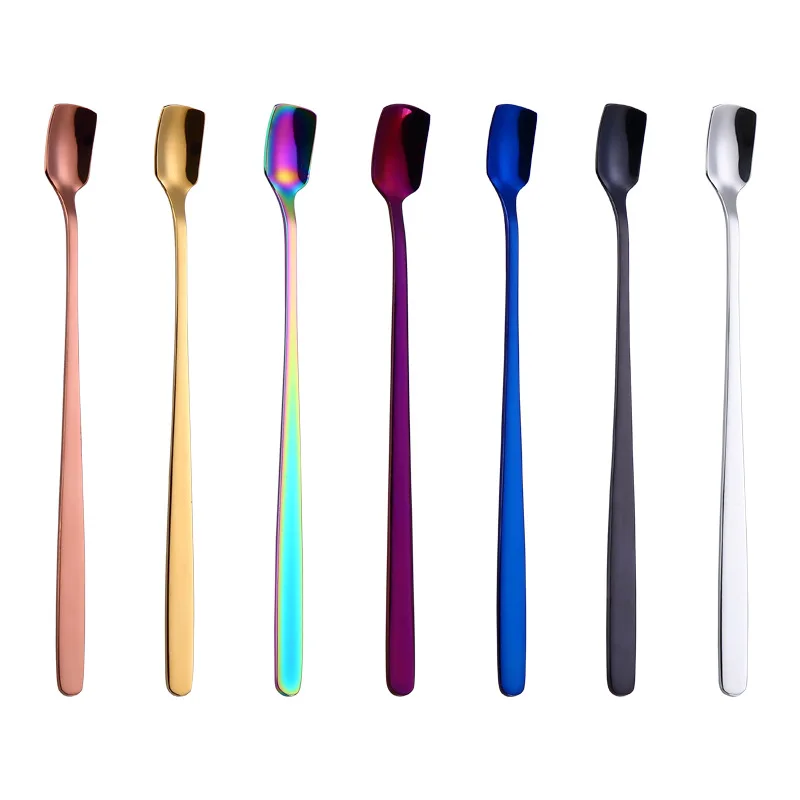 

Mini Spoons Mixing Scoop Stirring Bar Rod Stainless Steel Ladle Square Head Spoon Long Handle Dessert Scoop Cutlery Set 7pcs