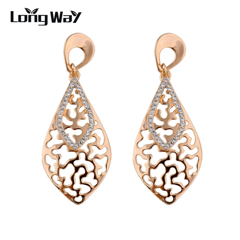 

LongWay New Fashion Leaf Dangle Earrings Gold Color Austrian Crystal Drop Earings for Women Ladies Girls SER140132