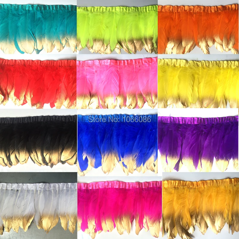 Wholesale 4yard/lot multicolor natural goose feather fringe paint gold tips Goose Feather Trims with Satin Ribbon Tape for skirt
Wholesale 4yard/lot multicolor natural goose feather fringe paint gold tips Goose Feather Trims with Satin Ribbon Tape for skirt