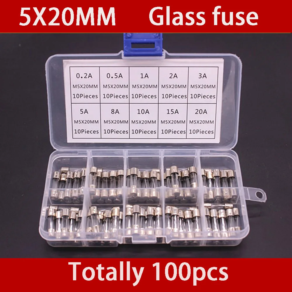 100Pcs 5x20mm Fast Quick Blow Glass Tube Fuse Assorted Kit Fast Blow Glass Fuses 1A 2A 3A 5A 6A 8A 10A 12A 15A 20A/250V 5*20 mm
100Pcs 5x20mm Fast Quick Blow Glass Tube Fuse Assorted Kit Fast Blow Glass Fuses 1A 2A 3A 5A 6A 8A 10A 12A 15A 20A/250V 5*20 mm